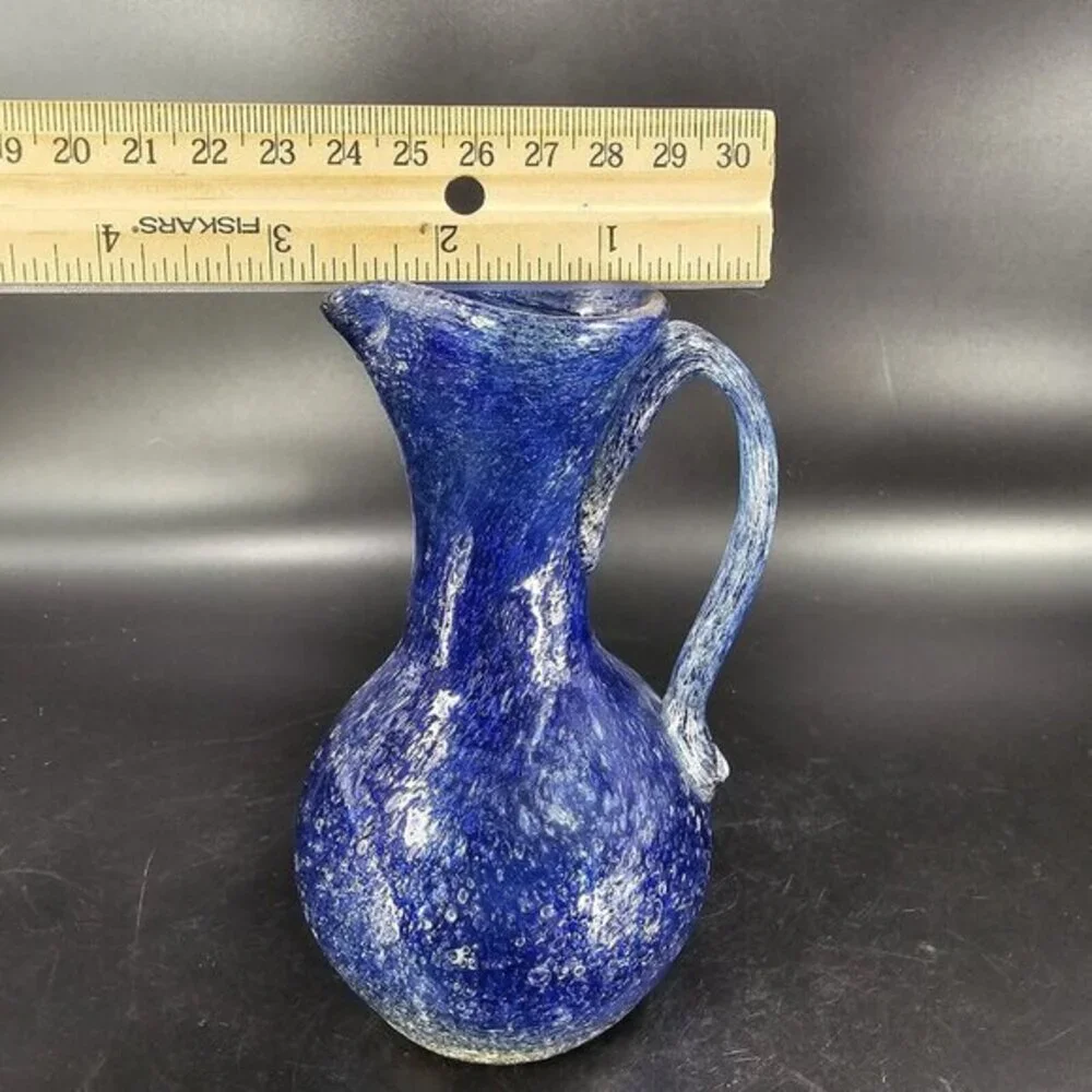 Hand Blown Glass Pitcher Carafe Brutalist Style With Bubbles Blue Yellow Glass‎
